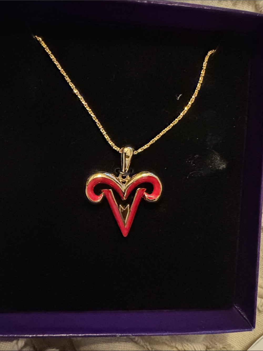 Vintage 1980s Bob Mackie Gold-Tone Necklace with Red Enamel Aries Pendant NWT